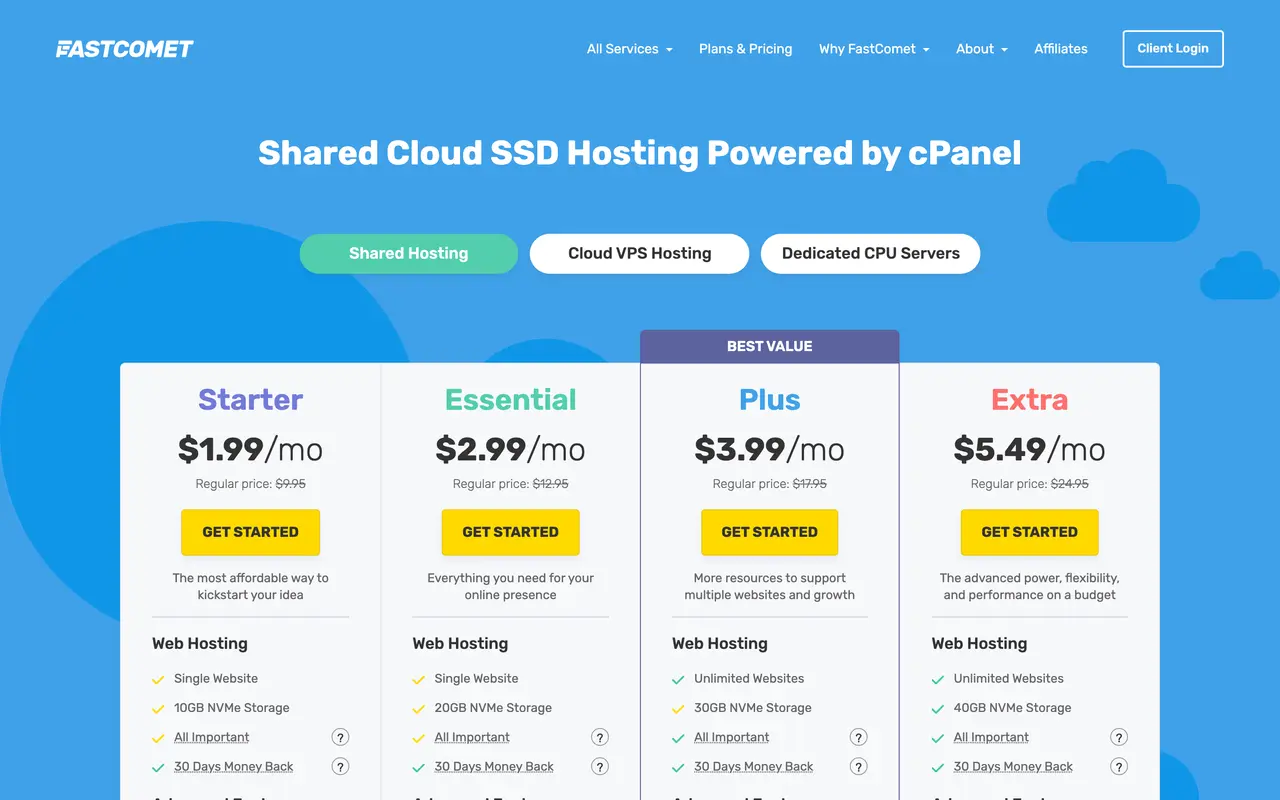 FastComet pricing page - Hosting SaaS pricing tiers and plans