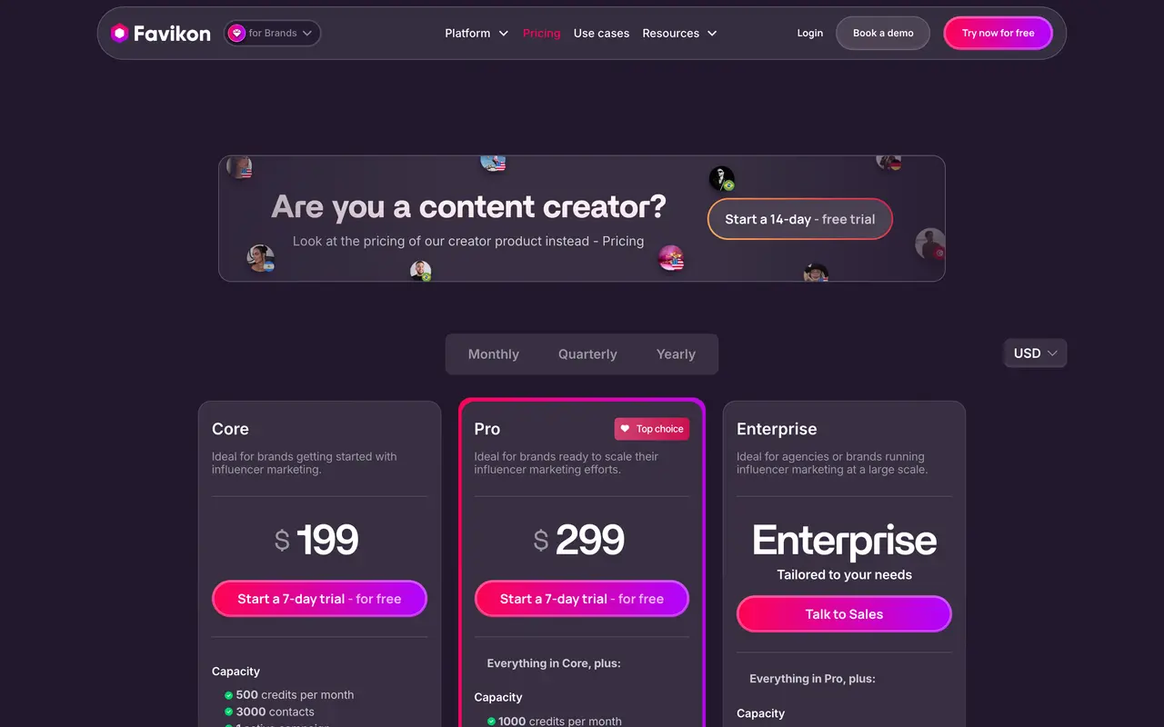 Favikon pricing page - Influencer SaaS pricing tiers and plans