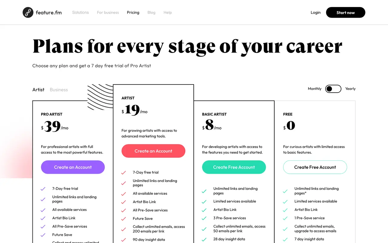 Feature.fm pricing page - Link in Bio SaaS pricing tiers and plans