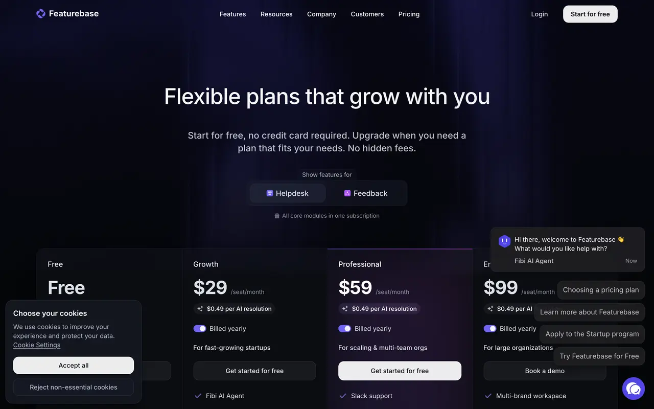 Featurebase pricing page - Customer Feedback SaaS pricing tiers and plans
