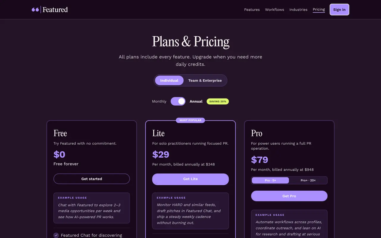 Featured pricing page - PR SaaS pricing tiers and plans