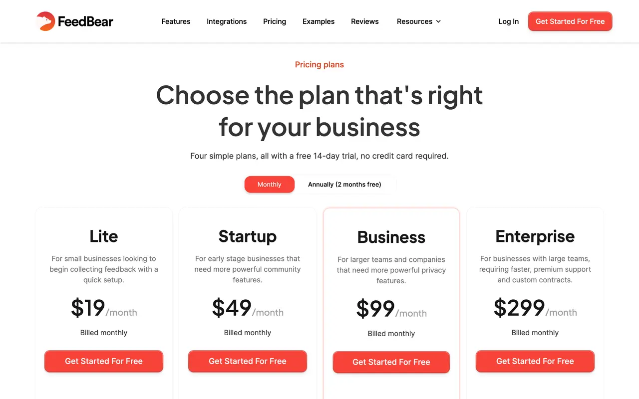 FeedBear pricing page - Customer Feedback SaaS pricing tiers and plans