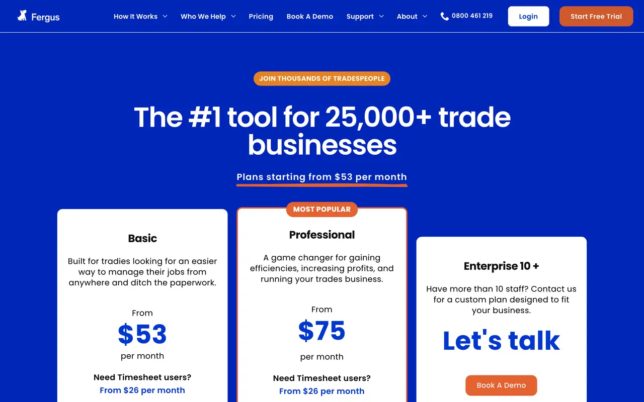 Fergus pricing page - Field Service SaaS pricing tiers and plans