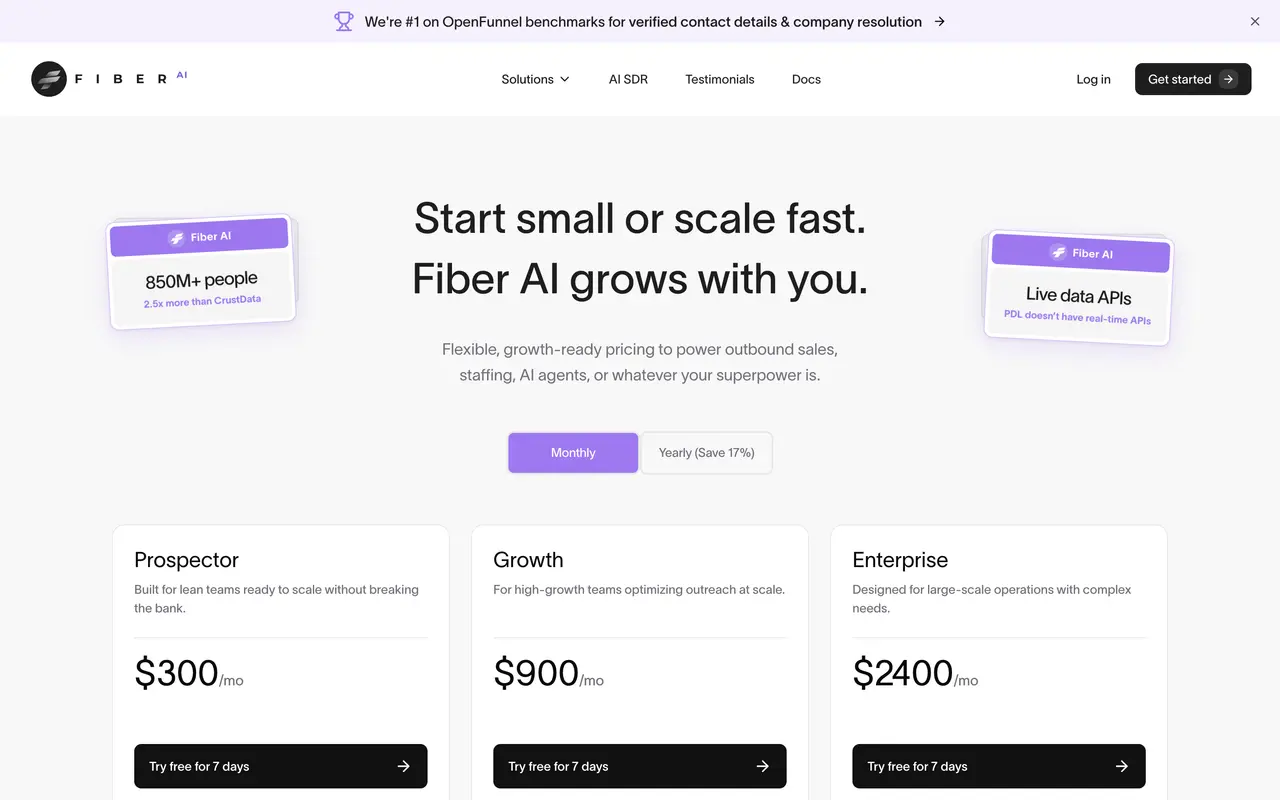 Fiber AI pricing page - AI HR & Recruiting SaaS pricing tiers and plans