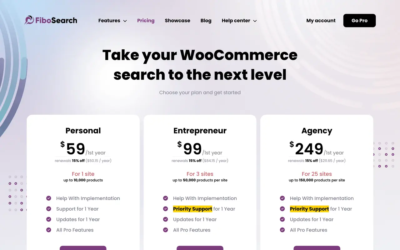 FiboSearch pricing page - WooCommerce SaaS pricing tiers and plans