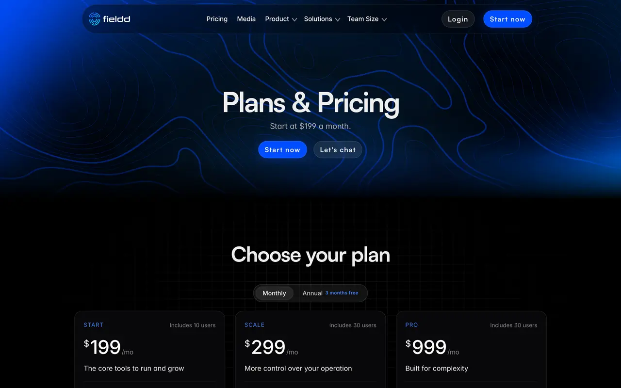 Fieldd pricing page - Field Service SaaS pricing tiers and plans