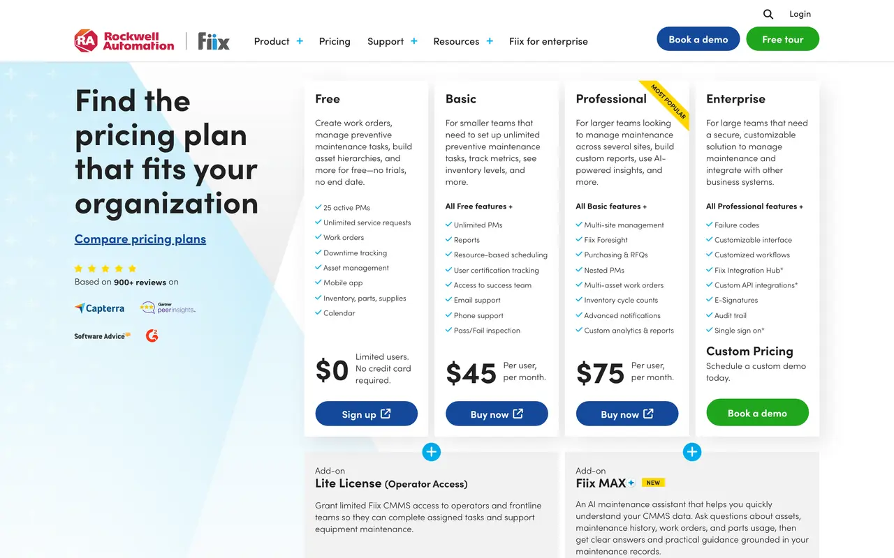 Fiix pricing page - Maintenance SaaS pricing tiers and plans