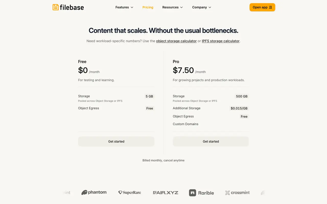 Filebase pricing page - Storage & Backup SaaS pricing tiers and plans