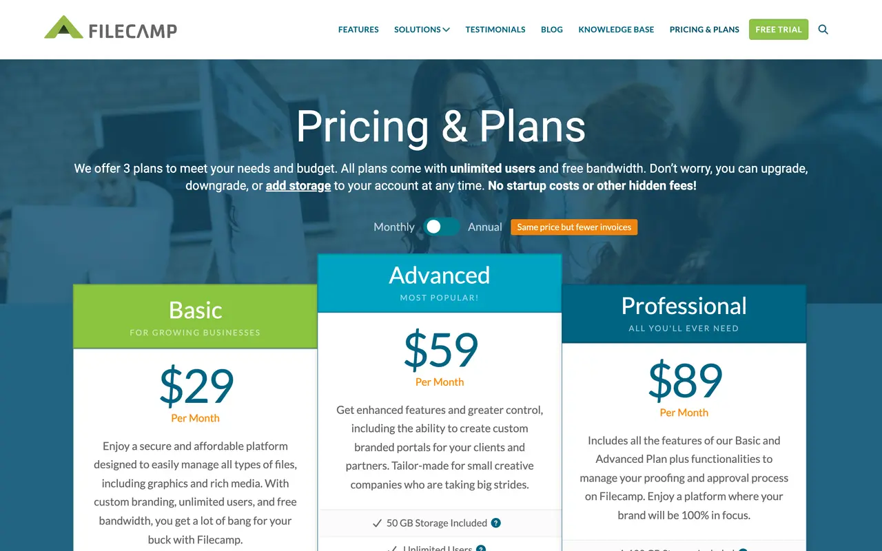Filecamp pricing page - Digital Asset Management SaaS pricing tiers and plans