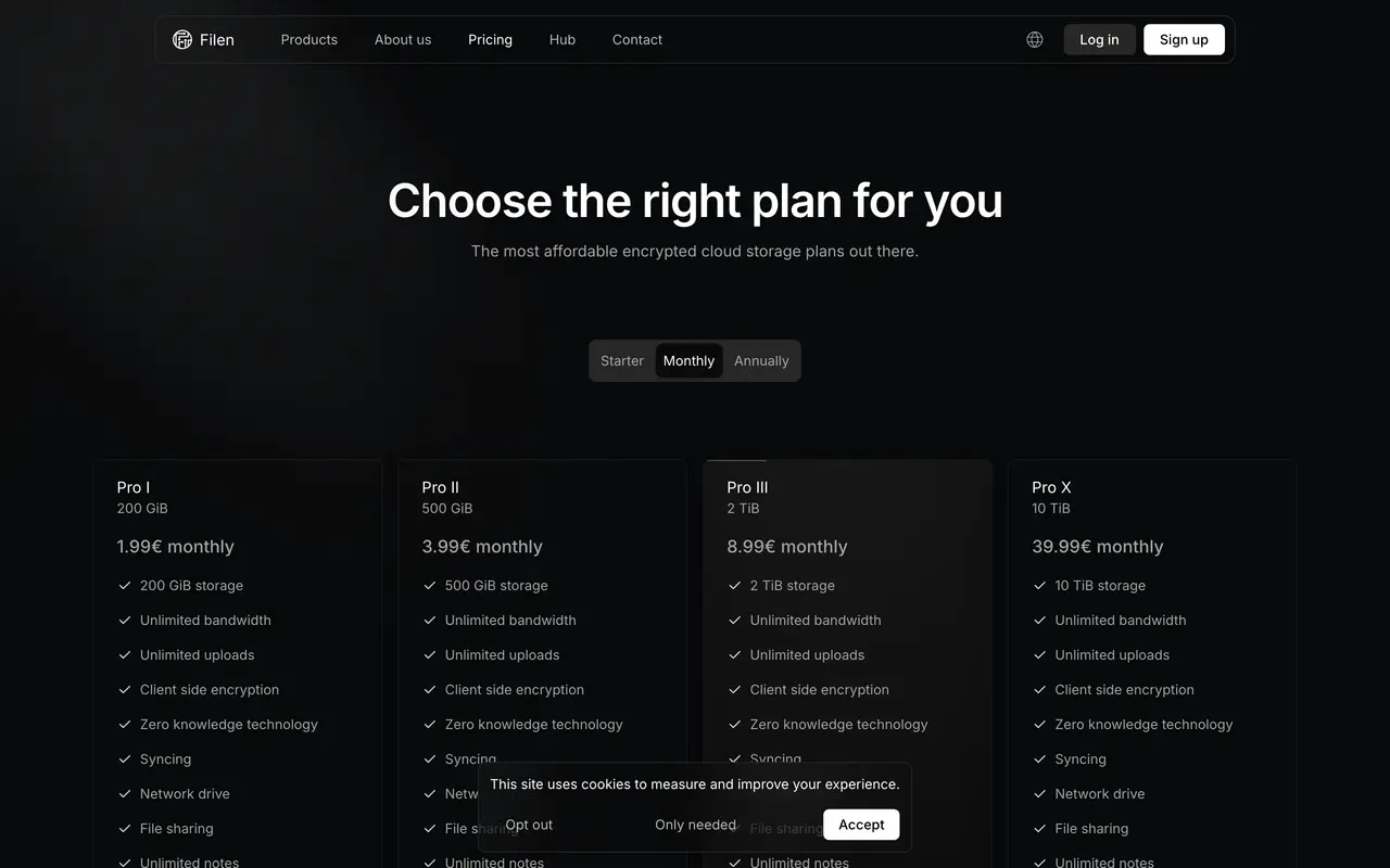 Filen pricing page - Storage & Backup SaaS pricing tiers and plans
