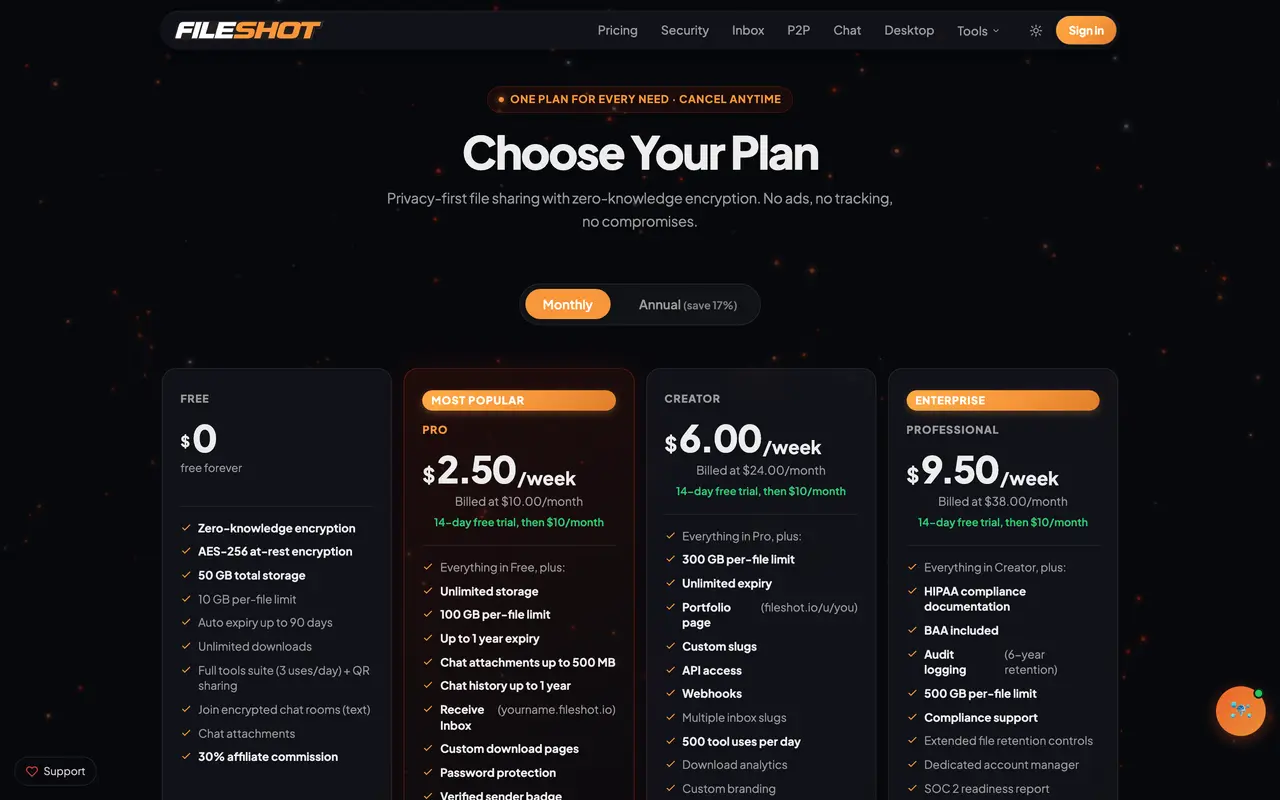 Fileshot pricing page - Healthcare & Wellness SaaS pricing tiers and plans