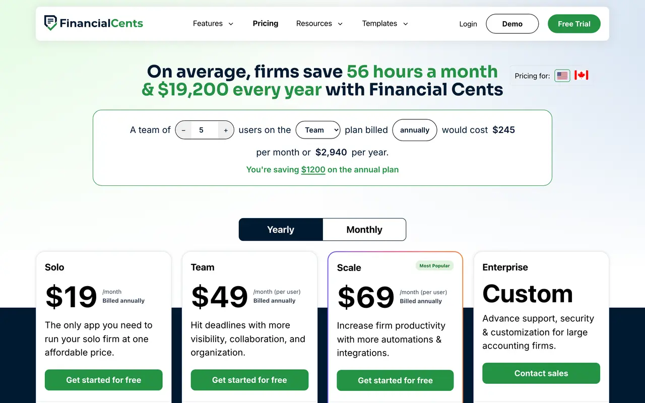 Financial Cents pricing page - Accounting SaaS pricing tiers and plans