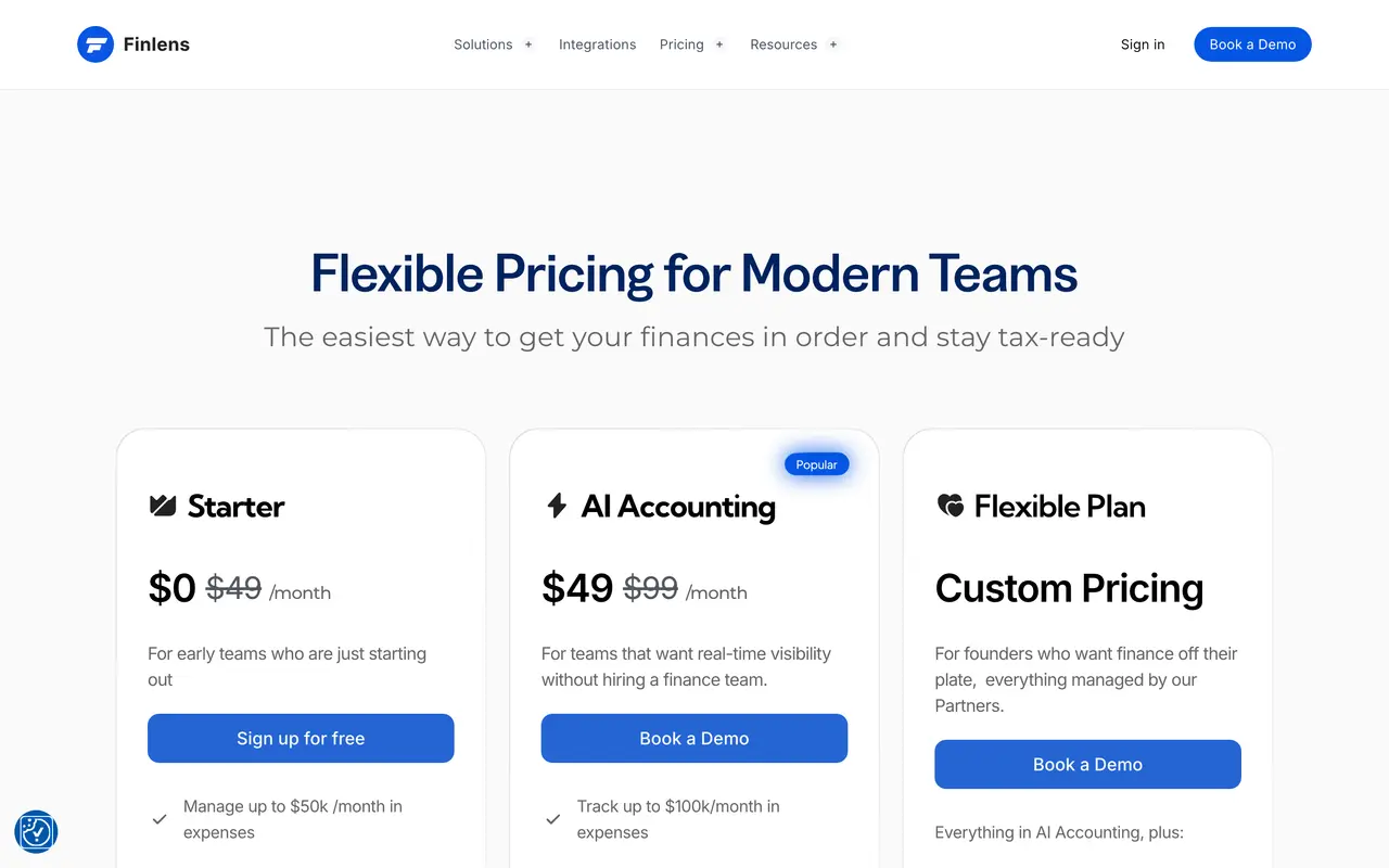 Finlens pricing page - Accounting & Tax SaaS pricing tiers and plans