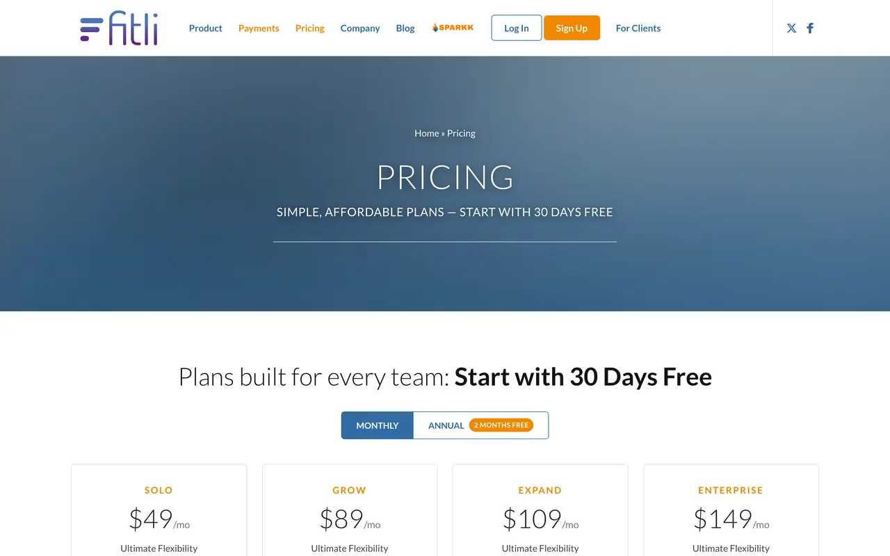 Fitli pricing page - Fitness SaaS pricing tiers and plans