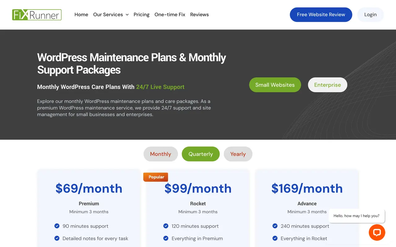 FixRunner pricing page - WordPress SaaS pricing tiers and plans