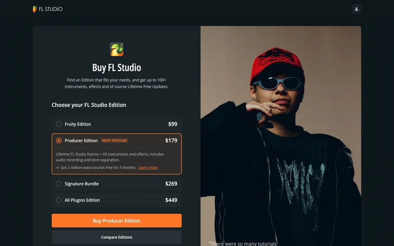 FL Studio pricing page - Music SaaS pricing tiers and plans