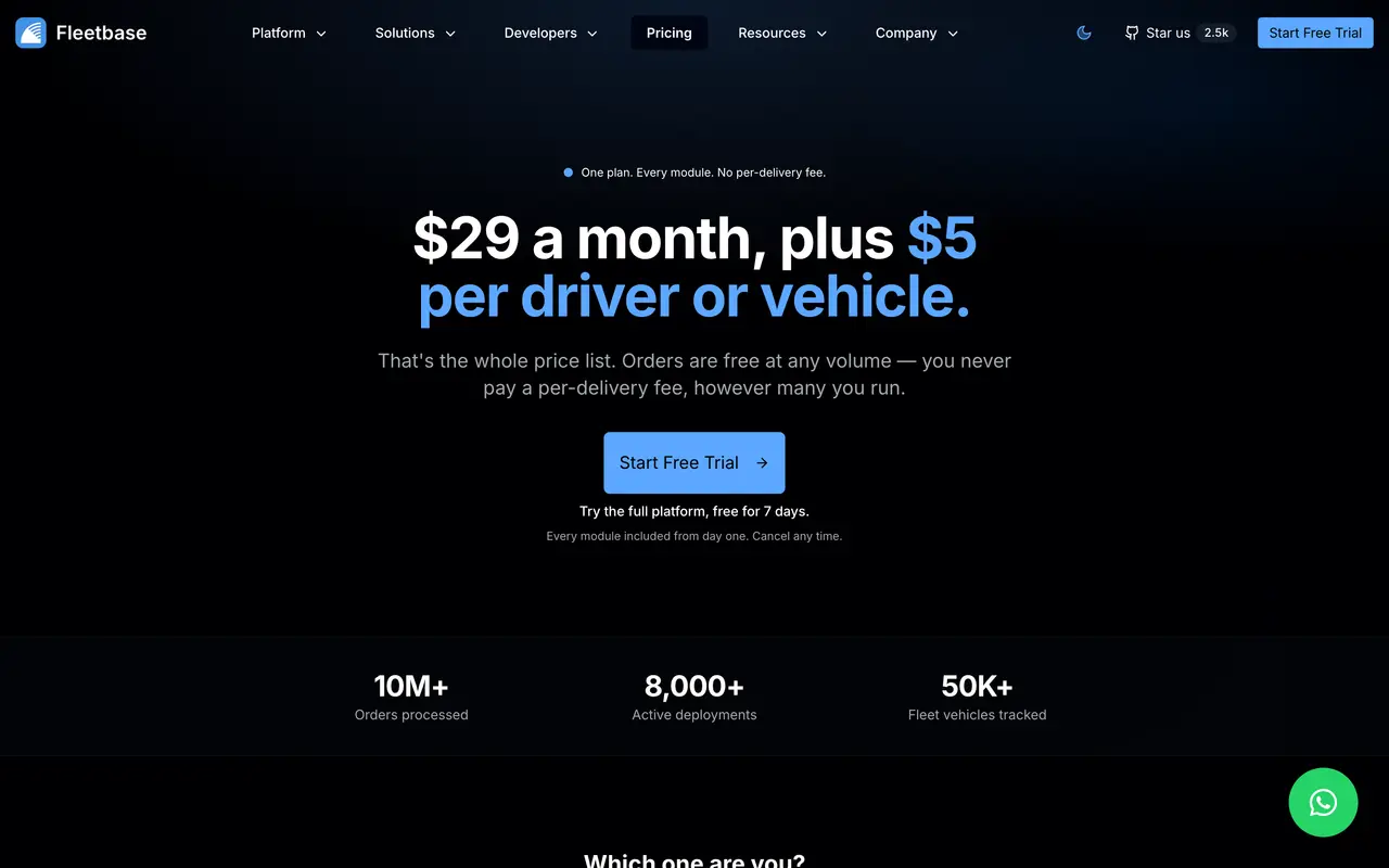 Fleetbase pricing page - Accounting & Tax SaaS pricing tiers and plans