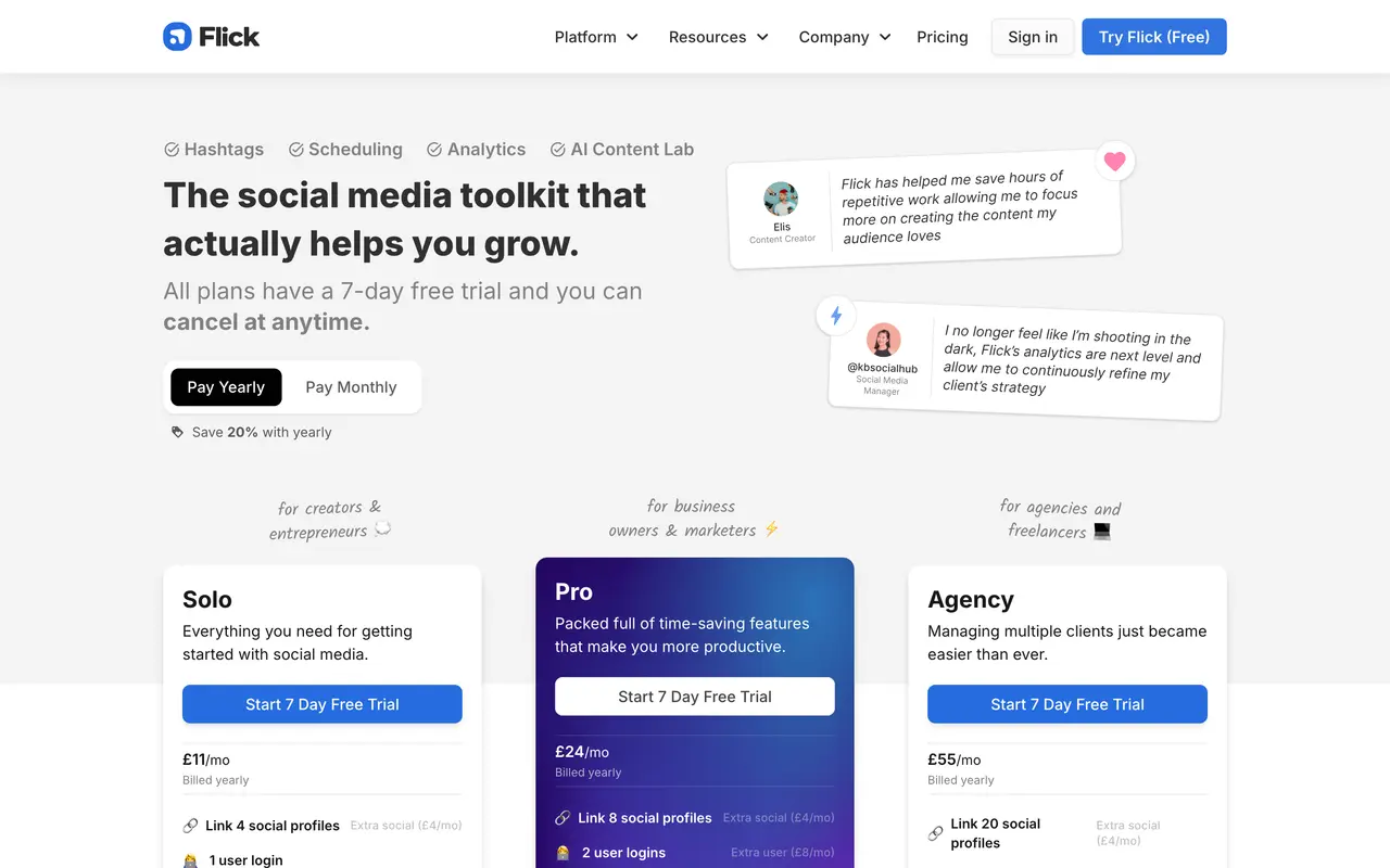 Flick pricing page - Social Media SaaS pricing tiers and plans