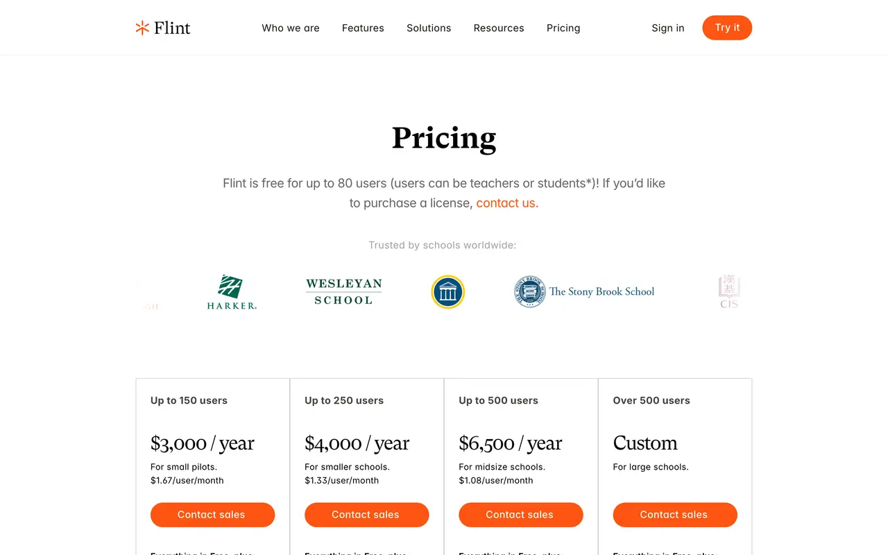 Flint pricing page - AI Education SaaS pricing tiers and plans