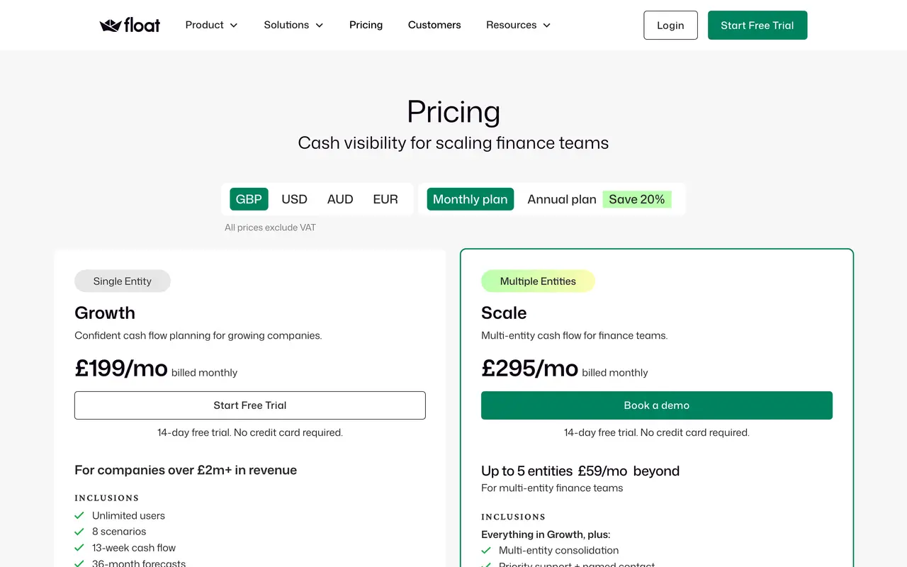 Float Cash Flow pricing page - Finance SaaS pricing tiers and plans