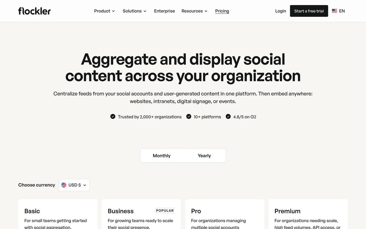 Flockler pricing page - Widgets SaaS pricing tiers and plans