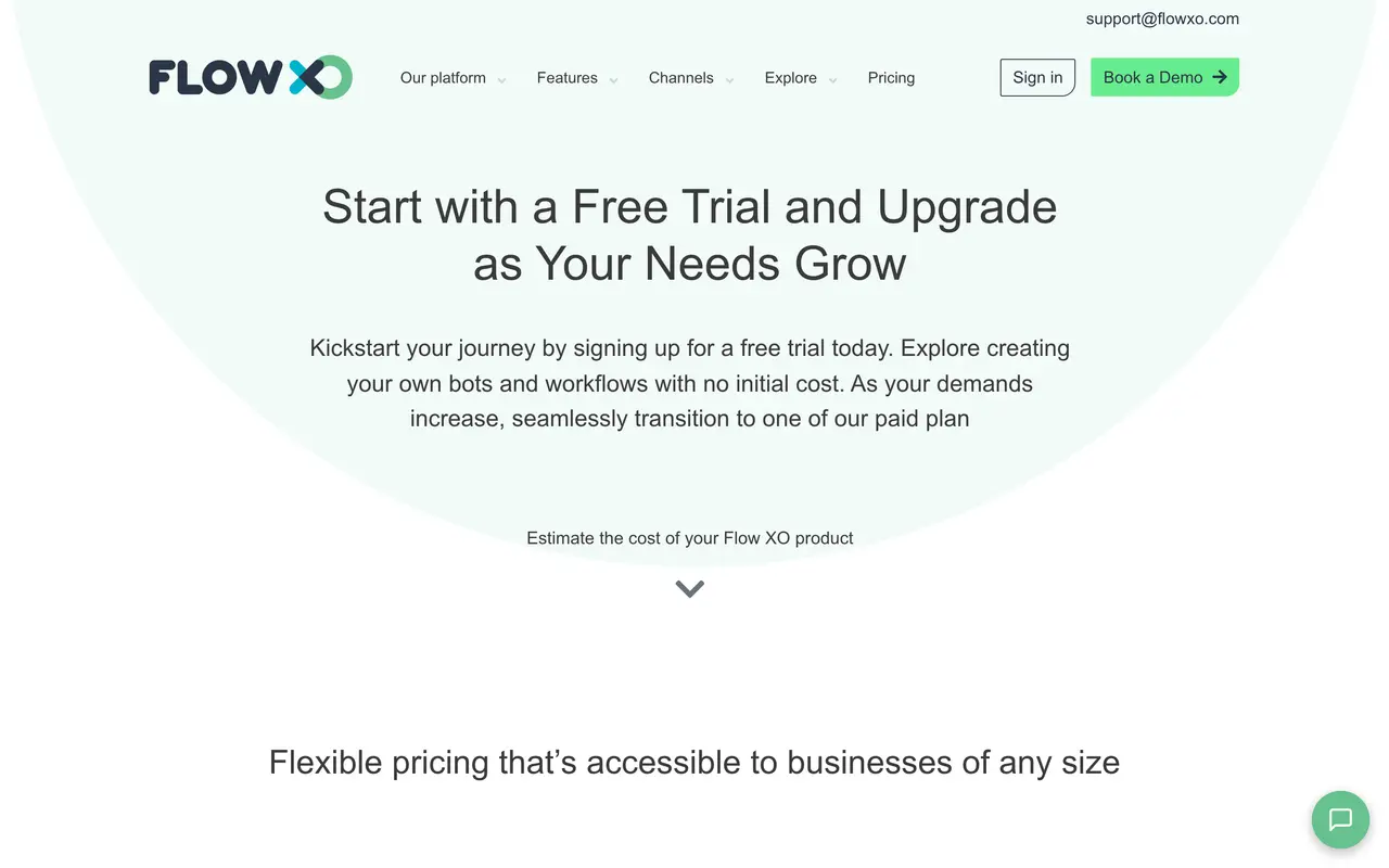Flow XO pricing page - Chatbot SaaS pricing tiers and plans