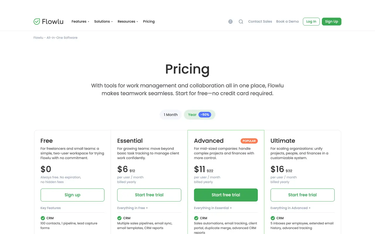 Flowlu pricing page - CRM SaaS pricing tiers and plans