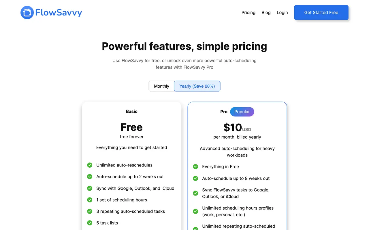 FlowSavvy pricing page - Scheduling & Booking SaaS pricing tiers and plans