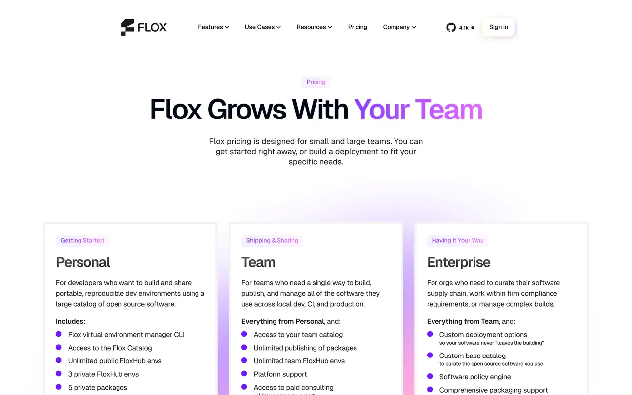 Flox pricing page - DevOps SaaS pricing tiers and plans