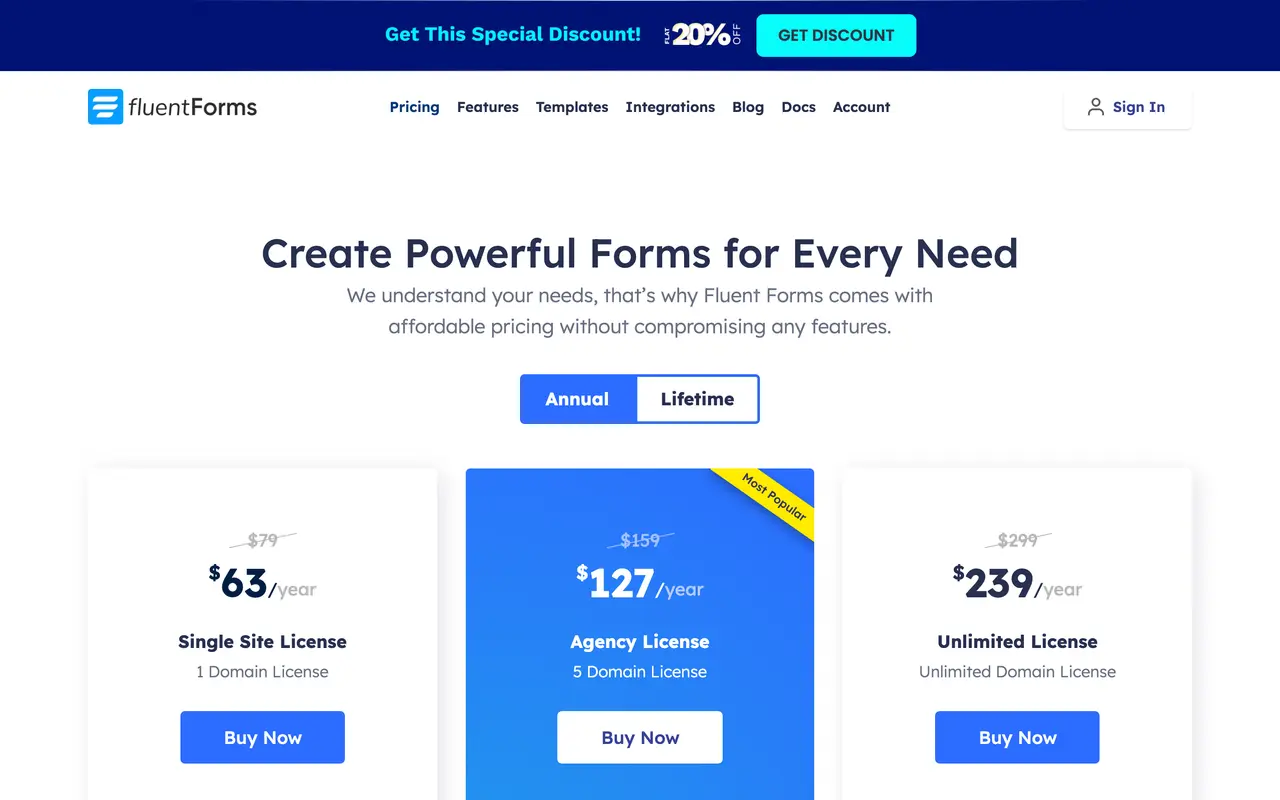 Fluent Forms pricing page - Survey & Forms SaaS pricing tiers and plans