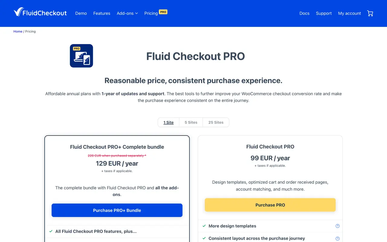 Fluid Checkout pricing page - WooCommerce SaaS pricing tiers and plans