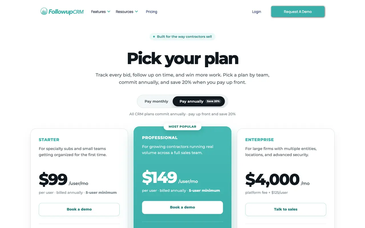 Followup CRM pricing page - Construction SaaS pricing tiers and plans