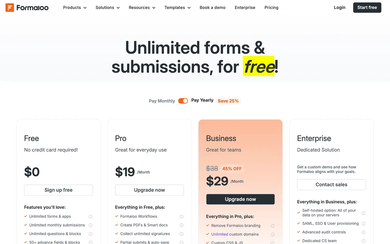 Formaloo pricing page - Forms SaaS pricing tiers and plans
