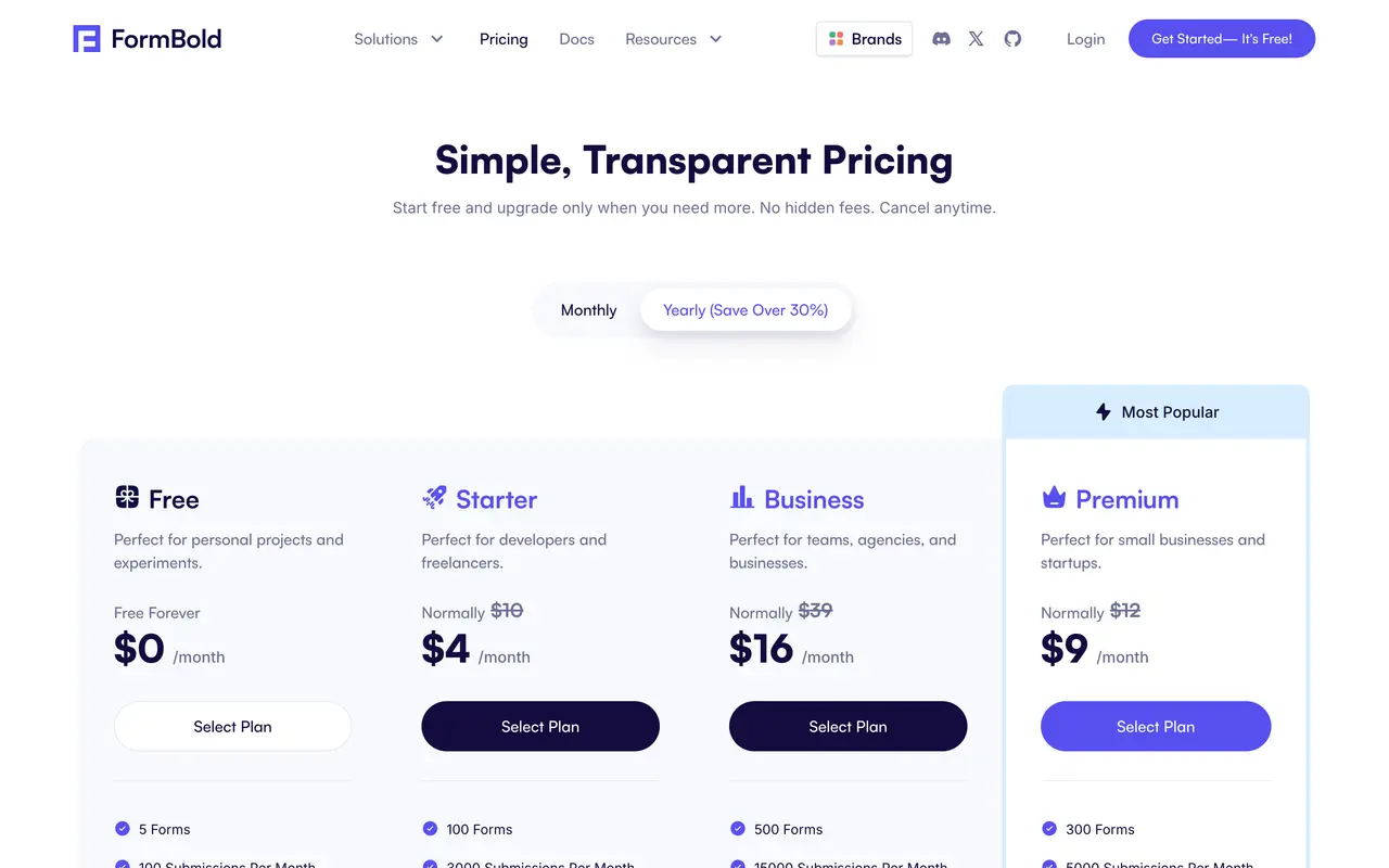 FormBold pricing page - Forms SaaS pricing tiers and plans
