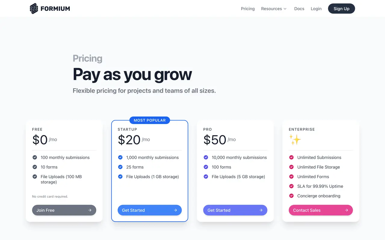 Formium pricing page - Forms SaaS pricing tiers and plans