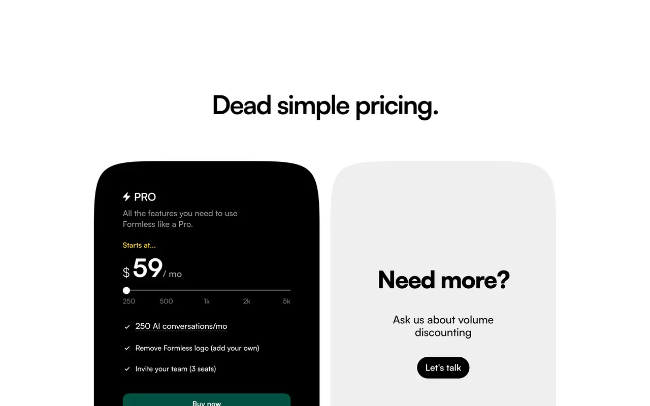 Formless pricing page - AI Productivity SaaS pricing tiers and plans