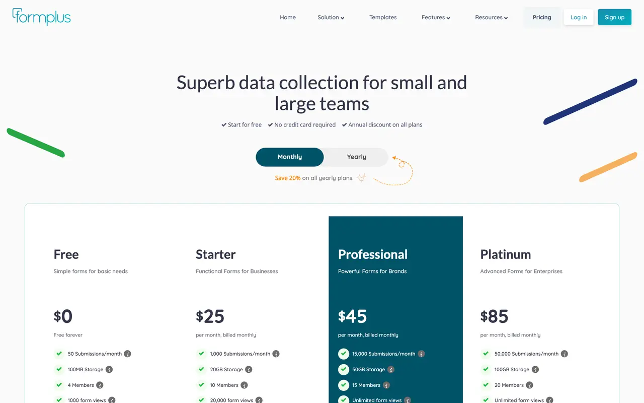 Formplus pricing page - Forms SaaS pricing tiers and plans