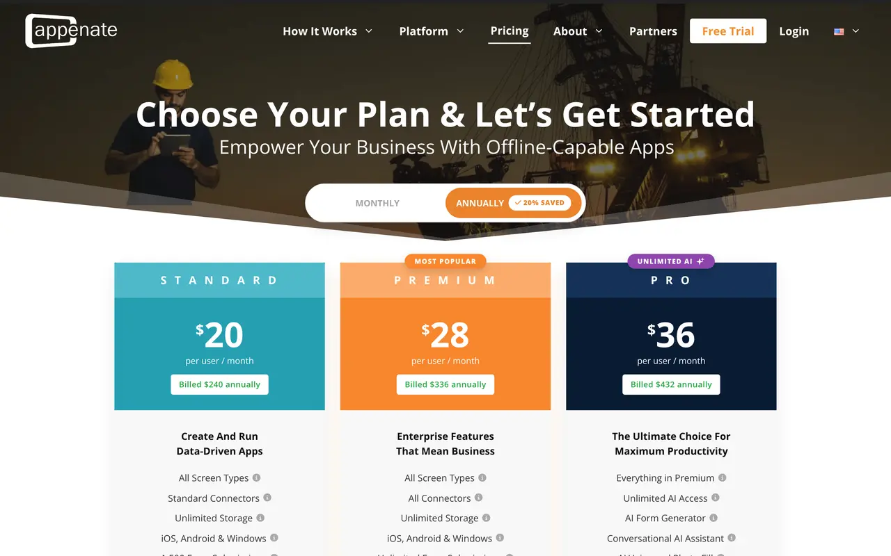 Appenate pricing page - Forms SaaS pricing tiers and plans