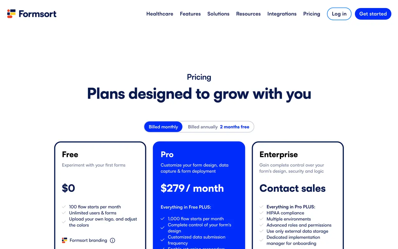 Formsort pricing page - Forms SaaS pricing tiers and plans