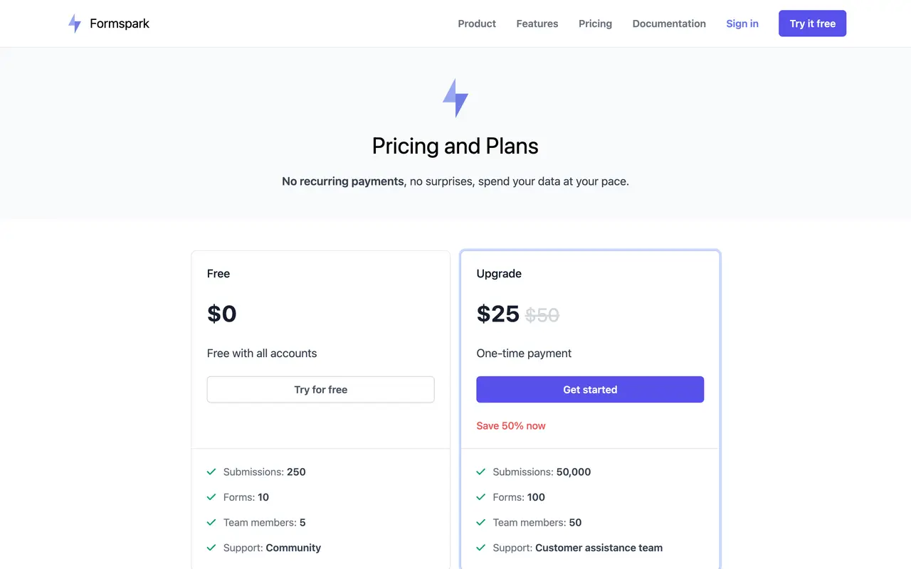 Formspark pricing page - Forms SaaS pricing tiers and plans