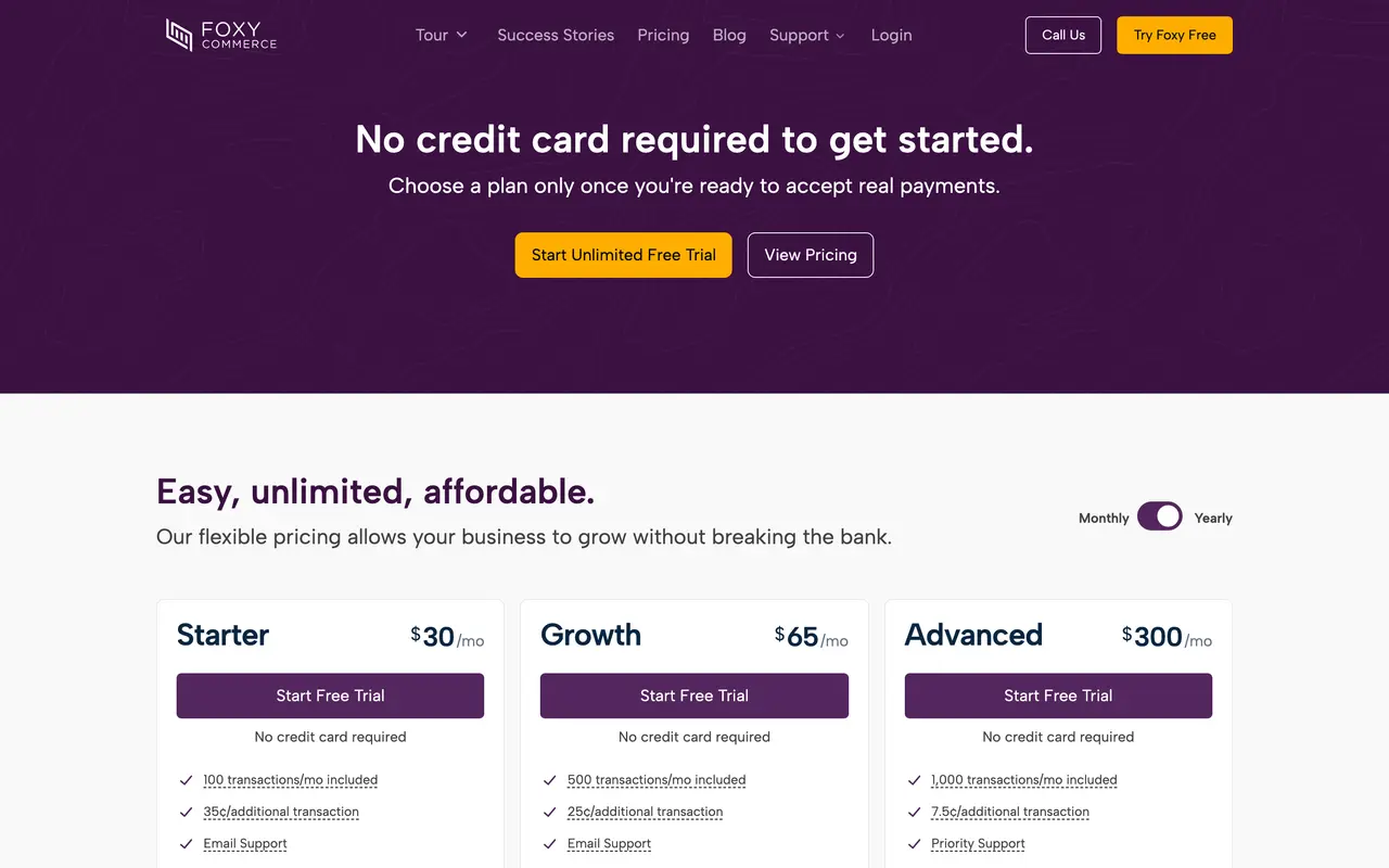 Foxy.io pricing page - Creator Commerce SaaS pricing tiers and plans