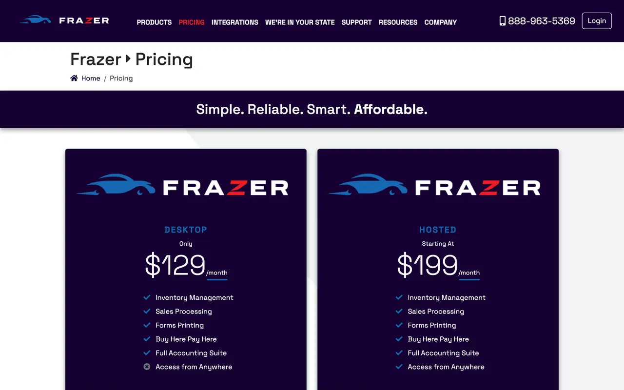 Frazer pricing page - Auto Dealers SaaS pricing tiers and plans