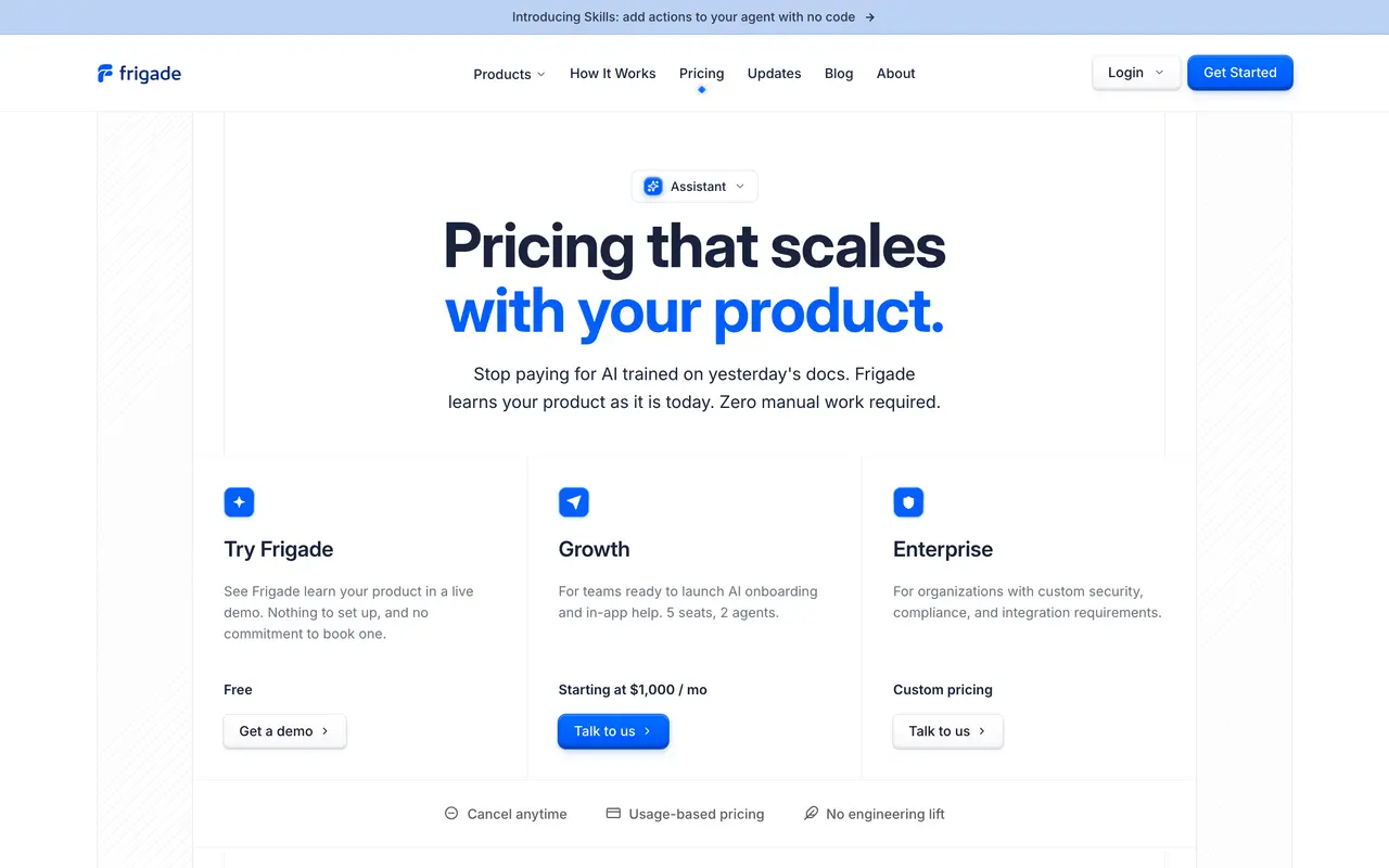 Frigade pricing page - Customer Success & Onboarding SaaS pricing tiers and plans