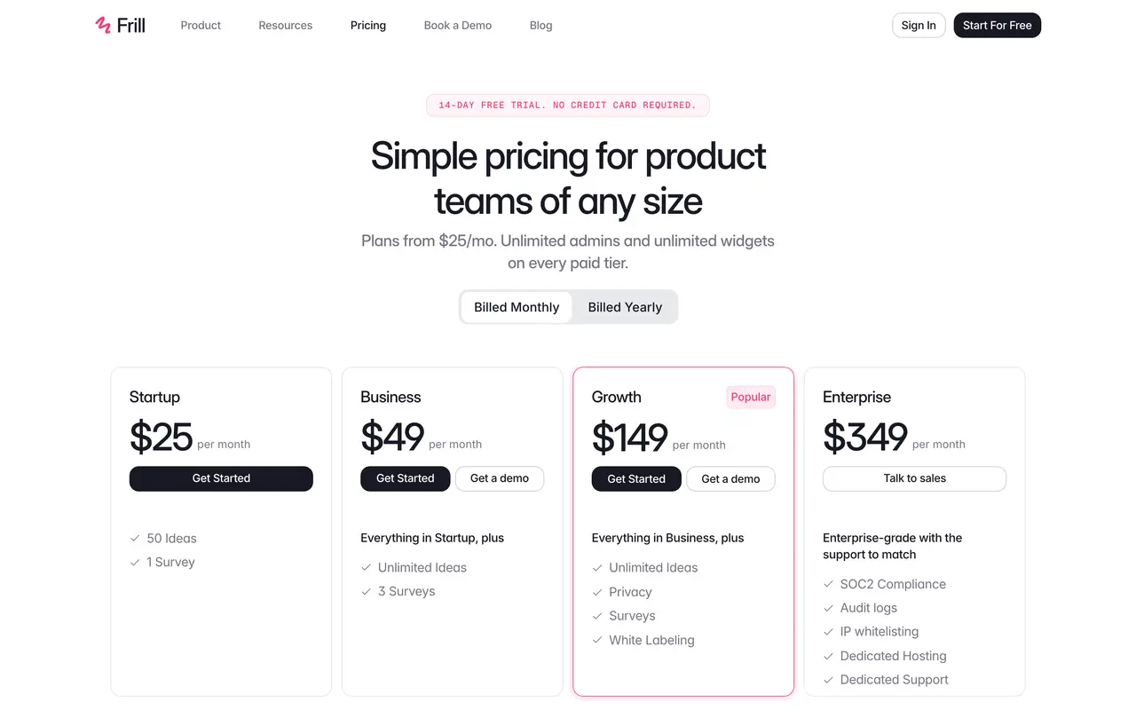 Frill pricing page - Customer Feedback SaaS pricing tiers and plans