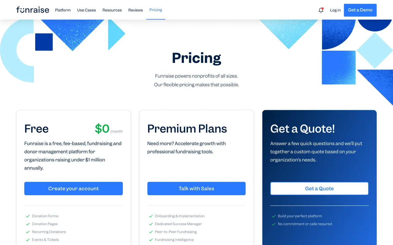 Funraise pricing page - Event Management SaaS pricing tiers and plans