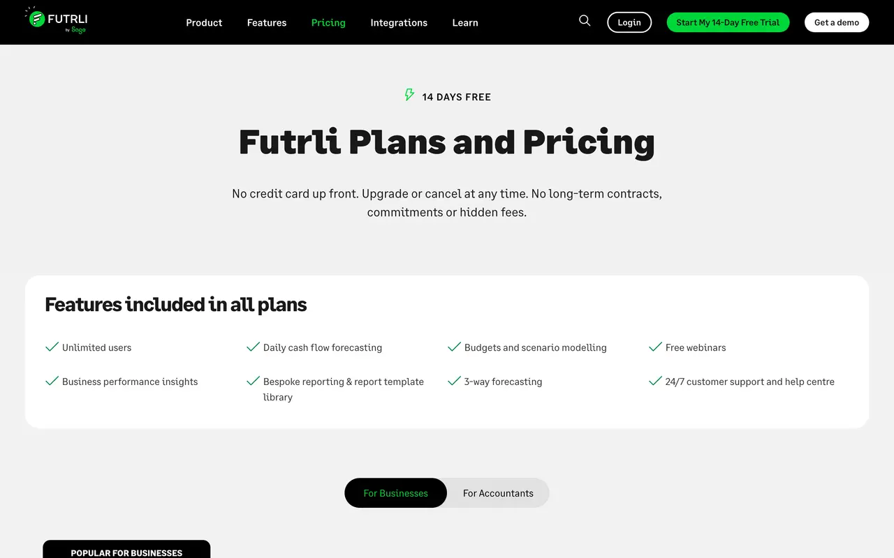 Futrli pricing page - Finance SaaS pricing tiers and plans