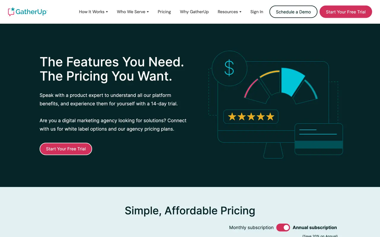 GatherUp pricing page - Reviews SaaS pricing tiers and plans