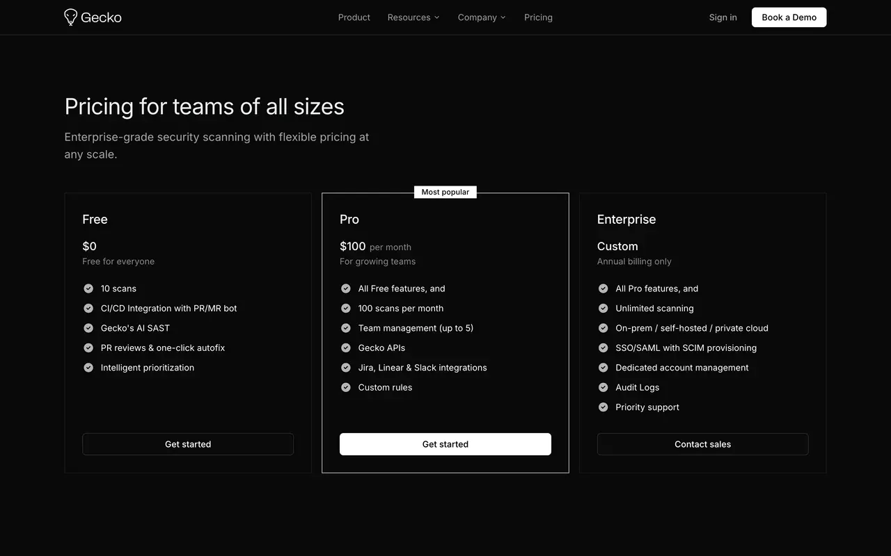 Gecko Security pricing page - AI Security & Compliance SaaS pricing tiers and plans