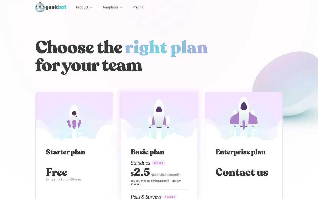 Geekbot pricing page - Collaboration SaaS pricing tiers and plans