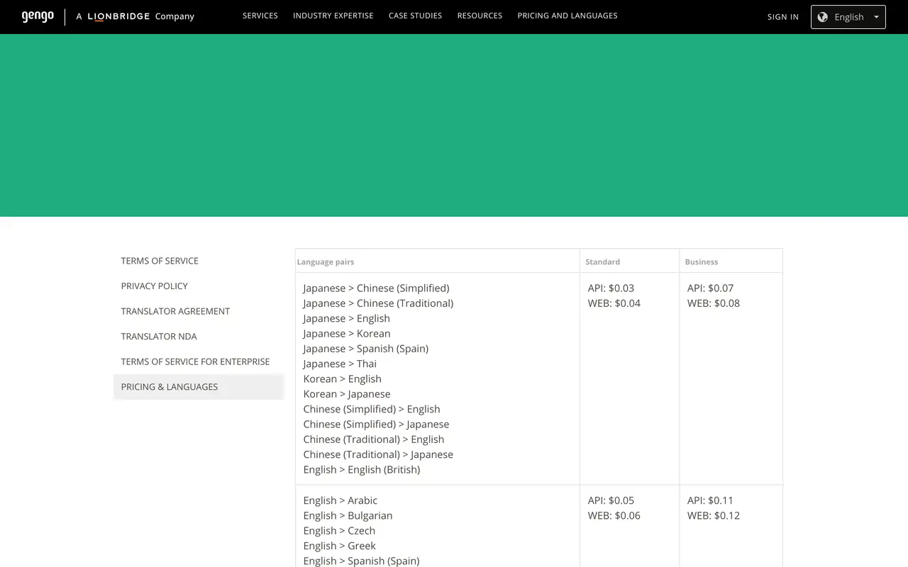 Gengo pricing page - Translation & Localization SaaS pricing tiers and plans